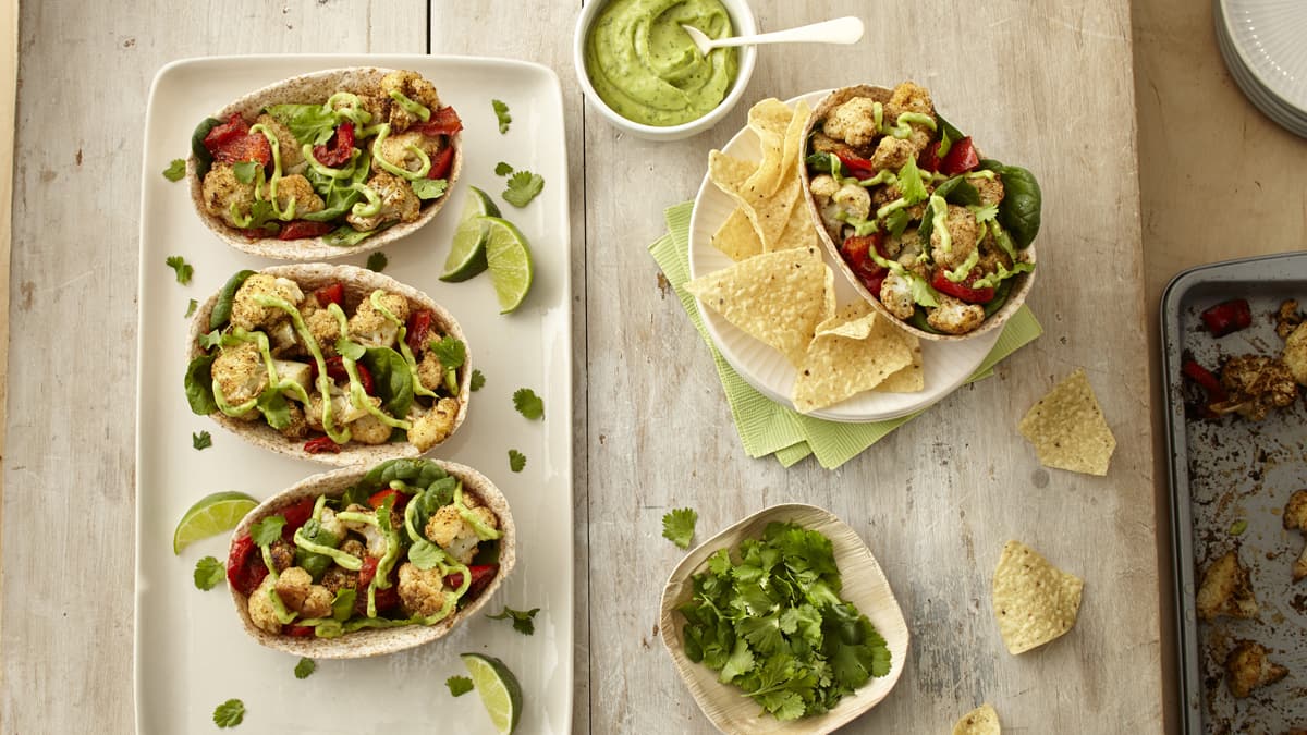 Vegetarian Roasted Cauliflower Whole Wheat Tortilla Bowls